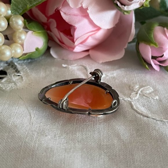 Romantic Carved Shell Cameo Brooch, Silver and Marcasite Frame, Vintage Jewelry - Picture 5 of 11